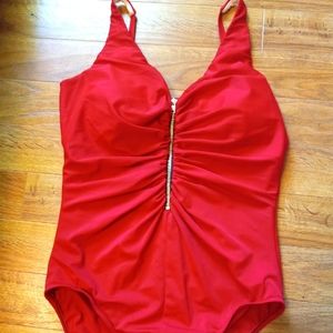 Red Trimshaper Ladies One-Piece Bathing Suit Size 14 With Gold Zipper